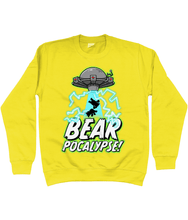 Load image into Gallery viewer, UFO with green glow hovers above bold white text which reads BEARPOCALYPSE! as it beams up the silhouettes of two bears and blue lightning crackles on a yellow sweatshirt
