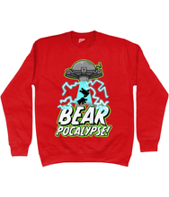 Load image into Gallery viewer, UFO with green glow hovers above bold white text which reads BEARPOCALYPSE! as it beams up the silhouettes of two bears and blue lightning crackles on a red sweatshirt
