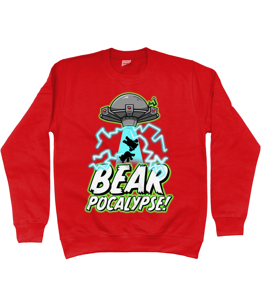 UFO with green glow hovers above bold white text which reads BEARPOCALYPSE! as it beams up the silhouettes of two bears and blue lightning crackles on a red sweatshirt