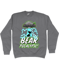 Load image into Gallery viewer, UFO with green glow hovers above bold white text which reads BEARPOCALYPSE! as it beams up the silhouettes of two bears and blue lightning crackles on a grey sweatshirt
