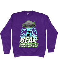 Load image into Gallery viewer, UFO with green glow hovers above bold white text which reads BEARPOCALYPSE! as it beams up the silhouettes of two bears and blue lightning crackles on a purple sweatshirt
