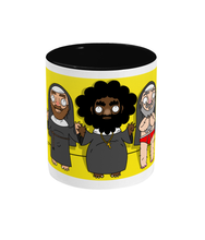 Load image into Gallery viewer, Three bearded hairy gay men dressed as nuns on a yellow and black mug
