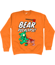 Load image into Gallery viewer, Orange sweatshirt with white bold text reading Bearpocalypse! with an axe embedded in it and a green zombie bear infront of it with its intestines hanging out.
