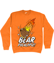 Load image into Gallery viewer, Orange sweatshirt with white bold text reading Bearpocalypse! with a large bear crashing into it like a meteorite with flames shooting out behind
