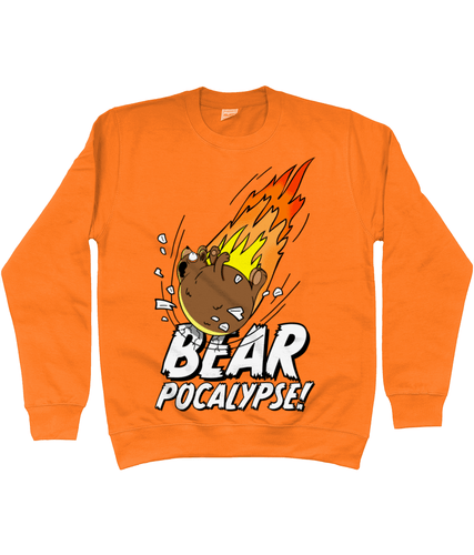 Orange sweatshirt with white bold text reading Bearpocalypse! with a large bear crashing into it like a meteorite with flames shooting out behind