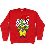 Load image into Gallery viewer, Red Sweatshirt with white bold text reading Bearpocalypse! with a red barrel spilling toxic waste and a bear wearing a yellow hazmat suit
