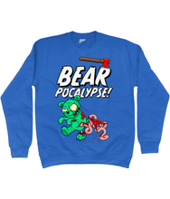 Load image into Gallery viewer, Blue sweatshirt with white bold text reading Bearpocalypse! with an axe embedded in it and a green zombie bear infront of it with its intestines hanging out.
