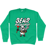 Load image into Gallery viewer, Green sweatshirt with white bold text reading Bearpocalypse! with a Panda armed with a hand gun and an axe.
