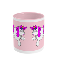 Load image into Gallery viewer, Gay unicorn farting a rainbow, star and hearts on a pink and white mug
