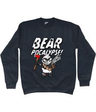 Load image into Gallery viewer, Black sweatshirt with white bold text reading Bearpocalypse! with a Panda armed with a hand gun and an axe.
