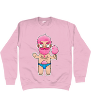 Load image into Gallery viewer, Gay sugar daddy cartoon candy floss character in blue briefs on a pink sweatshirt

