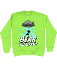 Load image into Gallery viewer, UFO with green glow hovers above bold white text which reads BEARPOCALYPSE! as it beams up the silhouettes of two bears and blue lightning crackles on a neon green sweatshirt
