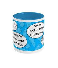 Load image into Gallery viewer, Blue and white mug with cartoon sperm

