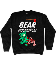 Load image into Gallery viewer, Black sweatshirt with white bold text reading Bearpocalypse! with an axe embedded in it and a green zombie bear infront of it with its intestines hanging out.
