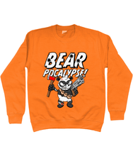 Load image into Gallery viewer, Orange sweatshirt with white bold text reading Bearpocalypse! with a Panda armed with a hand gun and an axe.
