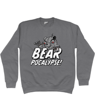 Load image into Gallery viewer, Grey sweatshirt with white bold text reading Bearpocalypse! with a robot bear climbing over it.
