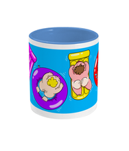 Load image into Gallery viewer, Four gay bears splashing around on colourful inflatables on a blue and white mug
