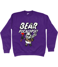 Load image into Gallery viewer, Purple sweatshirt with white bold text reading Bearpocalypse! with a Panda armed with a hand gun and an axe.
