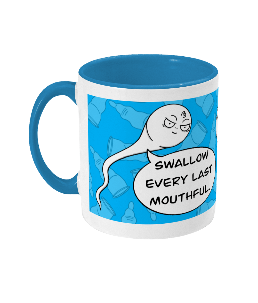 Blue and white mug with cartoon sperm