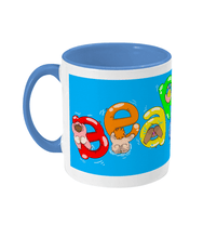 Load image into Gallery viewer, Gay bears paddling on inflatables spelling out Bear Soup on a blue and white mug
