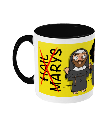 Three bearded hairy gay men dressed as nuns on a yellow and black mug