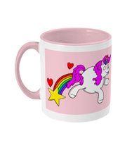 Load image into Gallery viewer, Gay unicorn farting a rainbow, star and hearts on a pink and white mug
