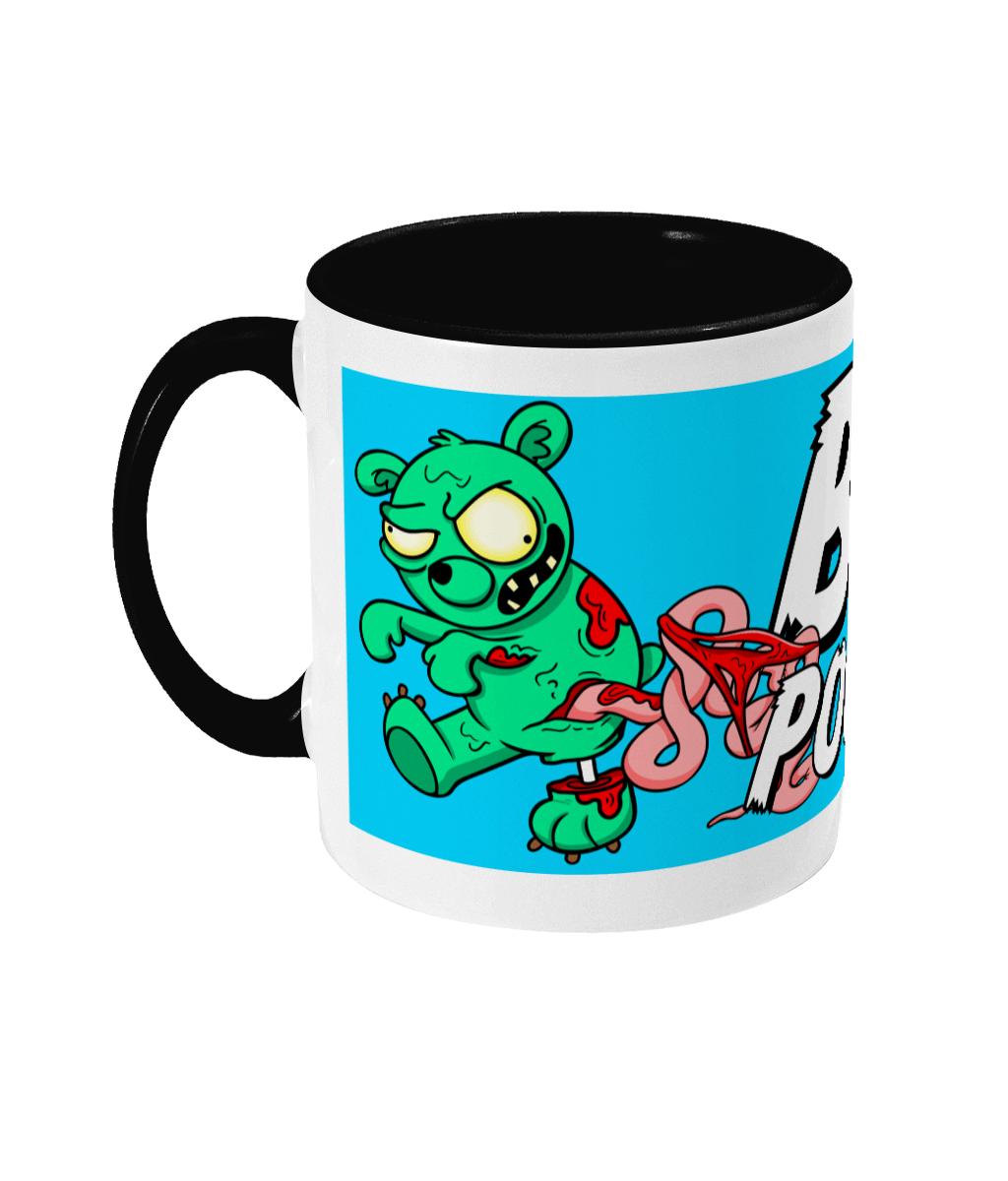 a green zombie bear with its intestines hanging out on a mug and the word Bearpocalypse