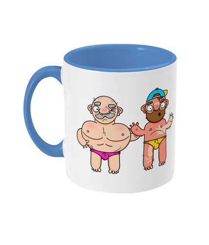 Gay bearded couple in their swimming speedos, one of who is badly sunburnt on a mug