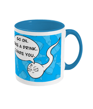 Load image into Gallery viewer, Blue and white mug with cartoon sperm
