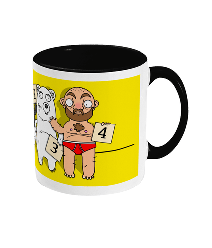Brown bear, Panda, Polar bear and a gay bear in a lineup on a yellow and black mug