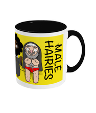 Load image into Gallery viewer, Three bearded hairy gay men dressed as nuns on a yellow and black mug
