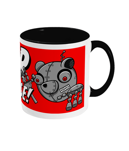 A robot bear next to the word Bearpocalypse! on a mug