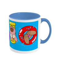 Load image into Gallery viewer, Four gay bears splashing around on colourful inflatables on a blue and white mug
