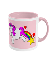 Load image into Gallery viewer, Gay unicorn farting a rainbow, star and hearts on a pink and white mug
