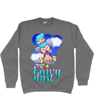Load image into Gallery viewer, A male fairy with blue hair carrying a bald man by his briefs as they fly through the sky with the words Powered by Fairy Dust beneath
