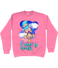 Load image into Gallery viewer, A male fairy with blue hair carrying a bald man by his briefs as they fly through the sky with the words Powered by Fairy Dust beneath
