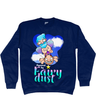 Load image into Gallery viewer, A male fairy with blue hair carrying a bald man by his briefs as they fly through the sky with the words Powered by Fairy Dust beneath
