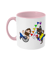 Load image into Gallery viewer, Two disabled gay hunks one in a wheelchair and one an amputee racing whilst celebrating pride.
