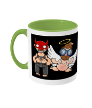 Load image into Gallery viewer, A gay man dressed in leather trousers and a harness and a devil mask along with a naked angel in blue glasses flying to his side
