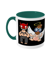 Load image into Gallery viewer, A gay man dressed in leather trousers and a harness and a devil mask along with a naked angel in blue glasses flying to his side
