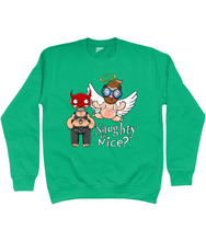 Load image into Gallery viewer, A gay man dressed in leather trousers and a harness and a devil mask along with a naked angel in blue glasses flying to his side with the words Naughty or Nice below
