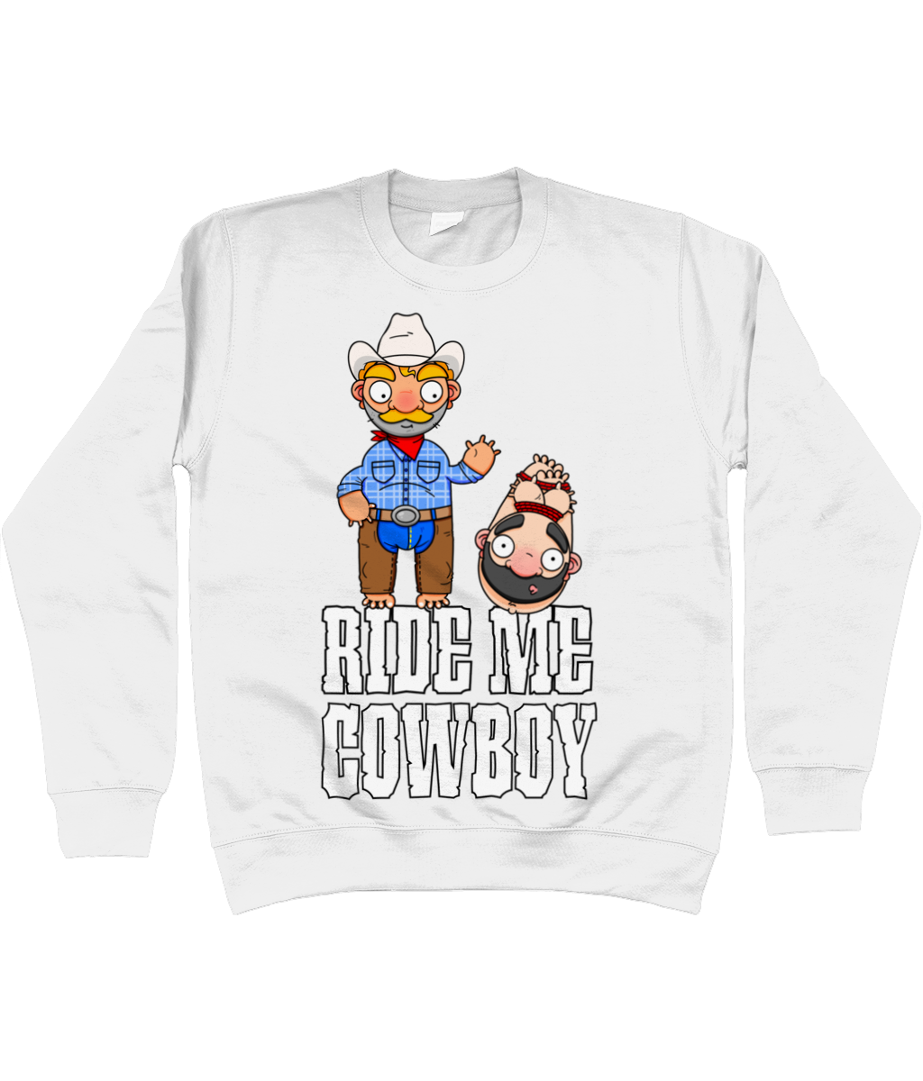 A gay cowboy wearing checked shirt, jeans, chaps and a cowboy hat standing next to a naked man hog tied with red rope.