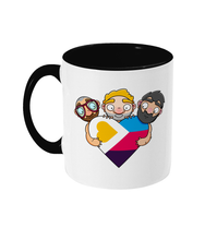 Load image into Gallery viewer, The new polyamory flag in heart shape being hugged by three men in a gay throuple relationship
