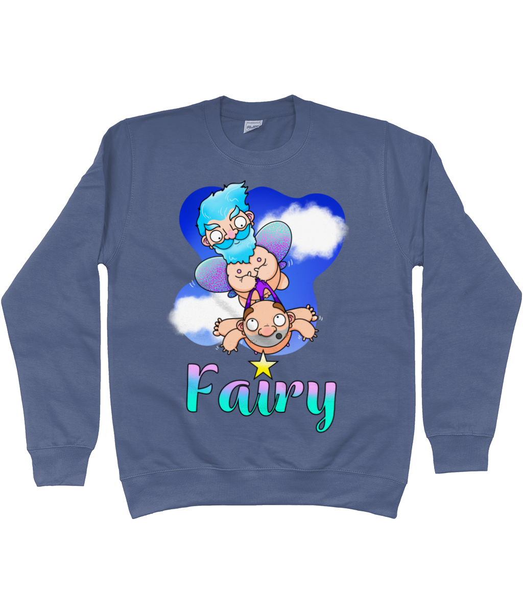 A male fairy with blue hair carrying a bald man by his briefs as they fly through the sky with the word Fairy beneath