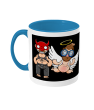 Load image into Gallery viewer, A gay man dressed in leather trousers and a harness and a devil mask along with a naked angel in blue glasses flying to his side
