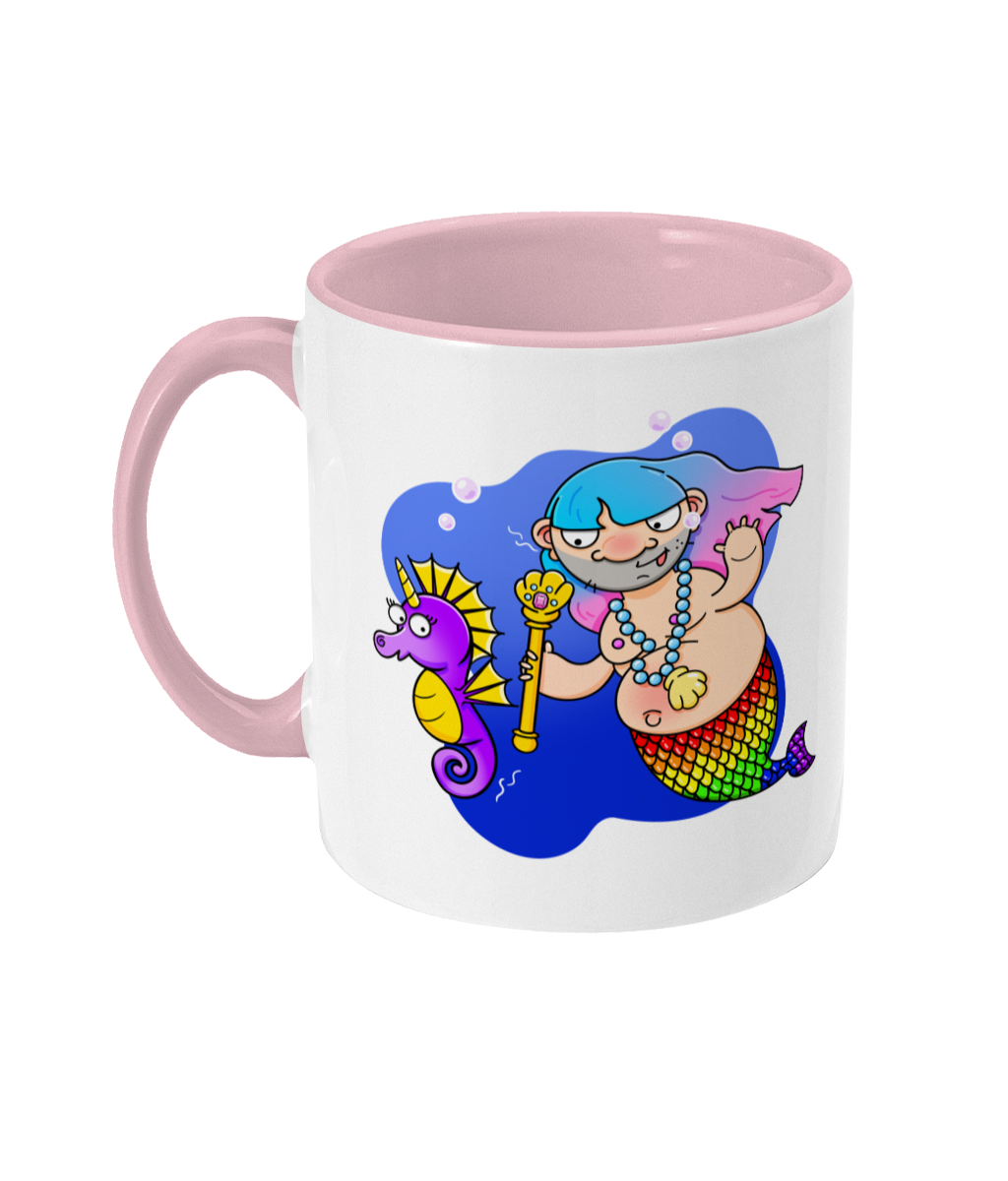A non binary merperson with gay pride coloured fin and trans pride coloured hair chasing a non binary pride coloured sea horse