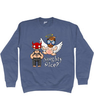 Load image into Gallery viewer, A gay man dressed in leather trousers and a harness and a devil mask along with a naked angel in blue glasses flying to his side with the words Naughty or Nice below
