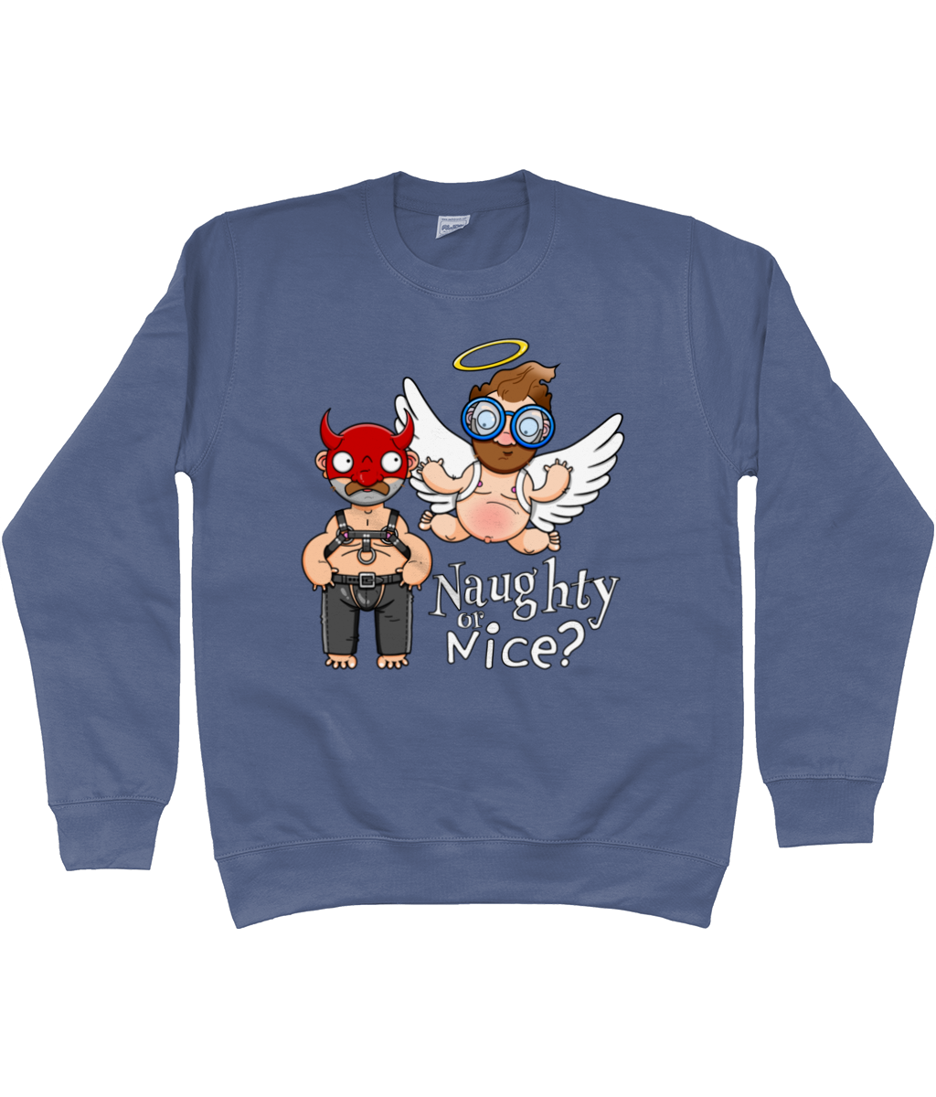 A gay man dressed in leather trousers and a harness and a devil mask along with a naked angel in blue glasses flying to his side with the words Naughty or Nice below