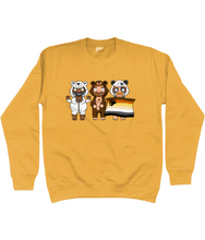 Load image into Gallery viewer, Three cute gay hunks in their bear onesies celebrating with their Bear Pride flag
