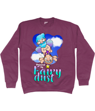 Load image into Gallery viewer, A male fairy with blue hair carrying a bald man by his briefs as they fly through the sky with the words Powered by Fairy Dust beneath

